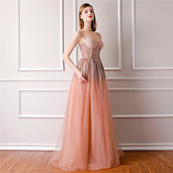 Bling Bling Orange Prom Dresses 2019 A-Line / Princess Spaghetti Straps Sleeveless Glitter Tulle Floor-Length / Long Ruffle Backless Formal Dresses