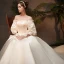 Vintage / Retro Ivory Satin Winter Wedding Dresses 2019 Princess Scoop Neck Puffy 3/4 Sleeve Backless Bow Chapel Train Ruffle