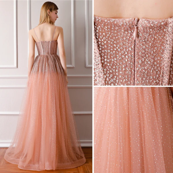 Bling Bling Orange Prom Dresses 2019 A-Line / Princess Spaghetti Straps Sleeveless Glitter Tulle Floor-Length / Long Ruffle Backless Formal Dresses