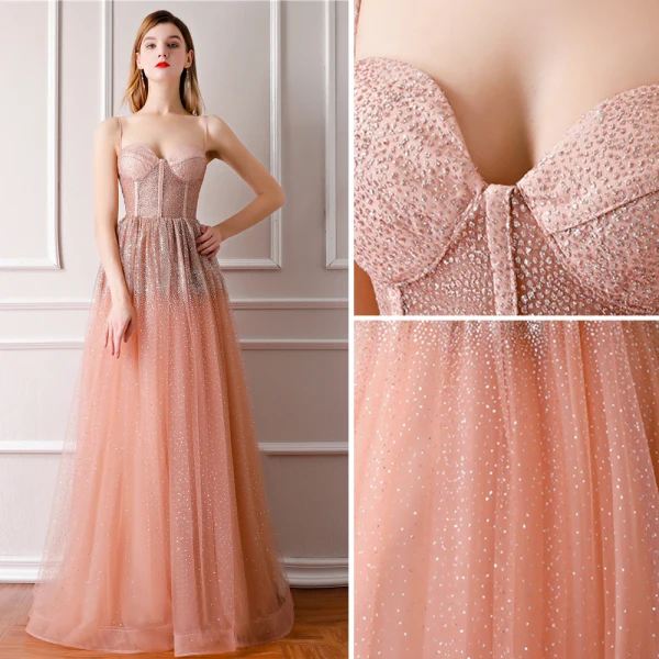 Bling Bling Orange Prom Dresses 2019 A-Line / Princess Spaghetti Straps Sleeveless Glitter Tulle Floor-Length / Long Ruffle Backless Formal Dresses