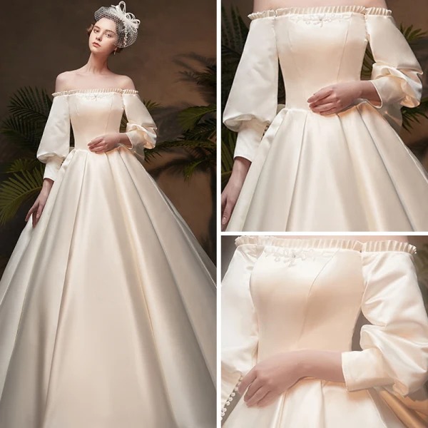 Vintage / Retro Ivory Satin Winter Wedding Dresses 2019 Princess Scoop Neck Puffy 3/4 Sleeve Backless Bow Chapel Train Ruffle
