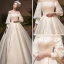 Vintage / Retro Ivory Satin Winter Wedding Dresses 2019 Princess Scoop Neck Puffy 3/4 Sleeve Backless Bow Chapel Train Ruffle