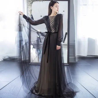 Élégant Noire Robe De Soirée 2017 Princesse Encolure Dégagée 1 2 Manches Perlage Perle Ceinture Train De Balayage Dos Nu Robe De Ceremonie
