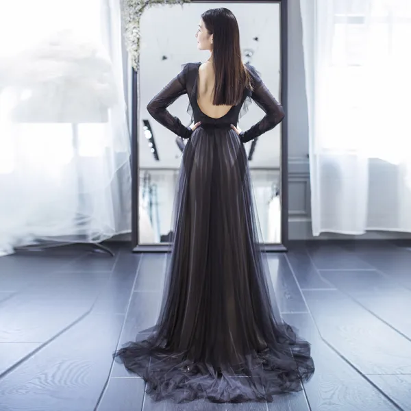 Elegant Black Evening Dresses  2017 A-Line / Princess Scoop Neck 1/2 Sleeves Beading Pearl Sash Sweep Train Backless Formal Dresses