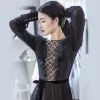 Elegant Black Evening Dresses  2017 A-Line / Princess Scoop Neck 1/2 Sleeves Beading Pearl Sash Sweep Train Backless Formal Dresses