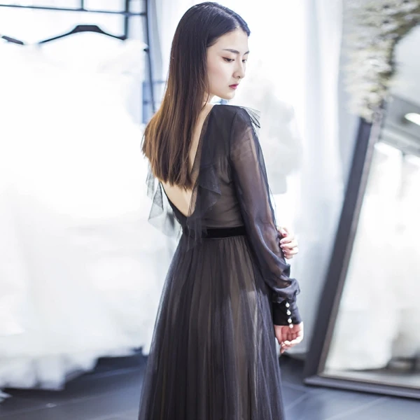 Elegant Black Evening Dresses  2017 A-Line / Princess Scoop Neck 1/2 Sleeves Beading Pearl Sash Sweep Train Backless Formal Dresses