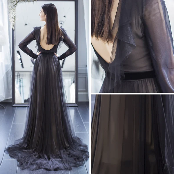 Elegant Black Evening Dresses  2017 A-Line / Princess Scoop Neck 1/2 Sleeves Beading Pearl Sash Sweep Train Backless Formal Dresses