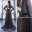 Elegant Black Evening Dresses  2017 A-Line / Princess Scoop Neck 1/2 Sleeves Beading Pearl Sash Sweep Train Backless Formal Dresses