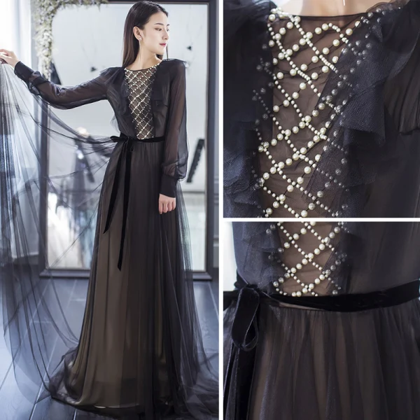 Elegant Black Evening Dresses  2017 A-Line / Princess Scoop Neck 1/2 Sleeves Beading Pearl Sash Sweep Train Backless Formal Dresses