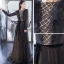 Elegant Black Evening Dresses  2017 A-Line / Princess Scoop Neck 1/2 Sleeves Beading Pearl Sash Sweep Train Backless Formal Dresses