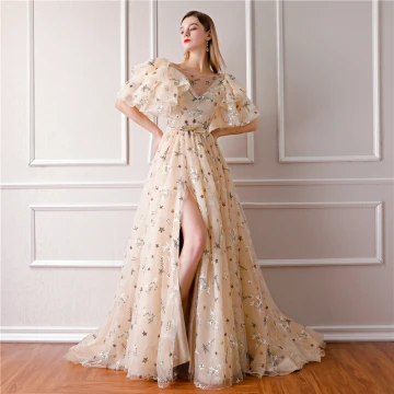 Modern Fashion Champagne Evening Dresses 2019 A Line Princess Square Neckline Puffy Short Sleeve Embroidered Metal Sash Split Front Chapel Train Ruffle Backless Formal Dresses