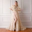 Moderne / Mode Champagne Robe De Soirée 2019 Princesse Encolure Carrée Gonflée Manches Courtes Brodé Métal Ceinture Fendue devant Chapel Train Volants Dos Nu Robe De Ceremonie