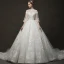 Vintage Ivory / Creme Durchsichtige Brautkleider / Hochzeitskleider 2019 Ballkleid Stehkragen Geschwollenes 3/4 Ärmel Rückenfreies Applikationen Spitze Kapelle-Schleppe Rüschen