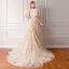 Moderne / Mode Champagne Robe De Soirée 2019 Princesse Encolure Carrée Gonflée Manches Courtes Brodé Métal Ceinture Fendue devant Chapel Train Volants Dos Nu Robe De Ceremonie