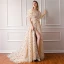 Moderne / Mode Champagne Robe De Soirée 2019 Princesse Encolure Carrée Gonflée Manches Courtes Brodé Métal Ceinture Fendue devant Chapel Train Volants Dos Nu Robe De Ceremonie