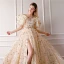 Moderne / Mode Champagne Robe De Soirée 2019 Princesse Encolure Carrée Gonflée Manches Courtes Brodé Métal Ceinture Fendue devant Chapel Train Volants Dos Nu Robe De Ceremonie
