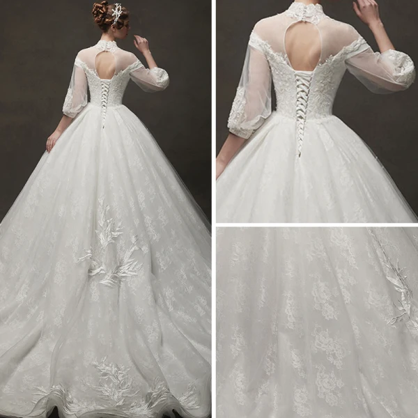 Vintage Ivory / Creme Durchsichtige Brautkleider / Hochzeitskleider 2019 Ballkleid Stehkragen Geschwollenes 3/4 Ärmel Rückenfreies Applikationen Spitze Kapelle-Schleppe Rüschen