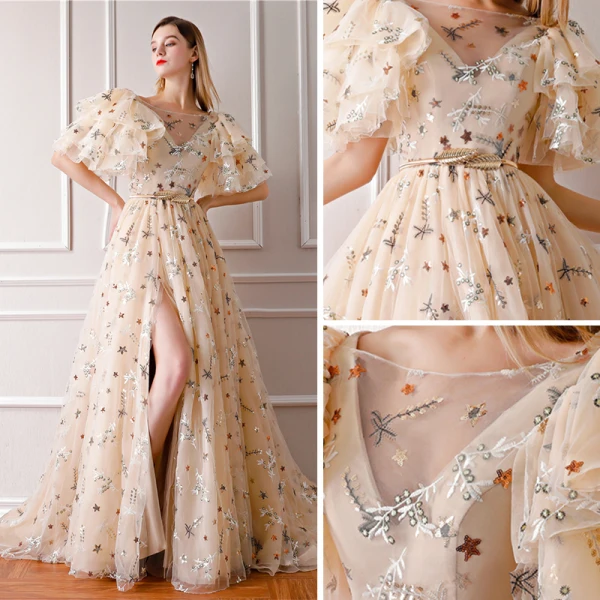 Moderne / Mode Champagne Robe De Soirée 2019 Princesse Encolure Carrée Gonflée Manches Courtes Brodé Métal Ceinture Fendue devant Chapel Train Volants Dos Nu Robe De Ceremonie