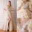 Moderne / Mode Champagne Robe De Soirée 2019 Princesse Encolure Carrée Gonflée Manches Courtes Brodé Métal Ceinture Fendue devant Chapel Train Volants Dos Nu Robe De Ceremonie