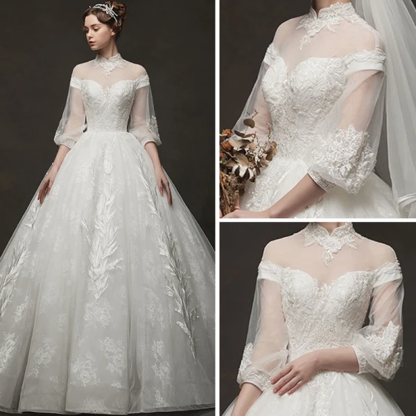 Vintage Ivory / Creme Durchsichtige Brautkleider / Hochzeitskleider 2019 Ballkleid Stehkragen Geschwollenes 3/4 Ärmel Rückenfreies Applikationen Spitze Kapelle-Schleppe Rüschen
