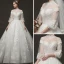 Vintage Ivory / Creme Durchsichtige Brautkleider / Hochzeitskleider 2019 Ballkleid Stehkragen Geschwollenes 3/4 Ärmel Rückenfreies Applikationen Spitze Kapelle-Schleppe Rüschen