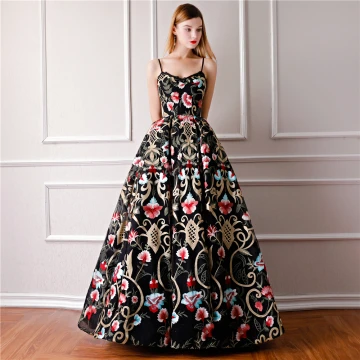 Moderne Mode Noire Robe De Bal 2019 Robe Boule Bretelles Spaghetti Sans Manches Brodé Fleur Longue Volants Dos Nu Robe De Ceremonie