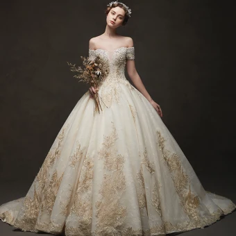 Luxe Champagne Robe De Mariée 2019 Robe Boule De L 039 Épaule Manches Courtes Dos Nu Appliques En Dentelle Perlage Chapel Train