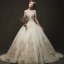 Luxury / Gorgeous Champagne Wedding Dresses 2019 Ball Gown Off-The-Shoulder Short Sleeve Backless Appliques Lace Beading Chapel Train