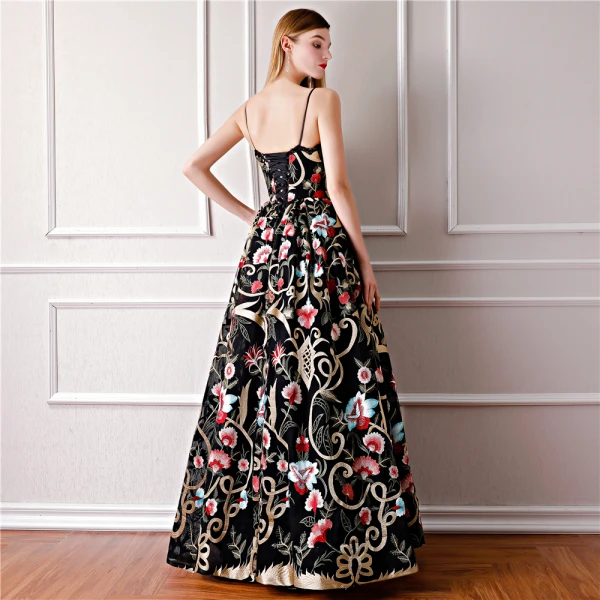 Modern / Fashion Black Prom Dresses 2019 Ball Gown Spaghetti Straps  Sleeveless Embroidered Flower Floor-Length / Long Ruffle Backless Formal  Dresses