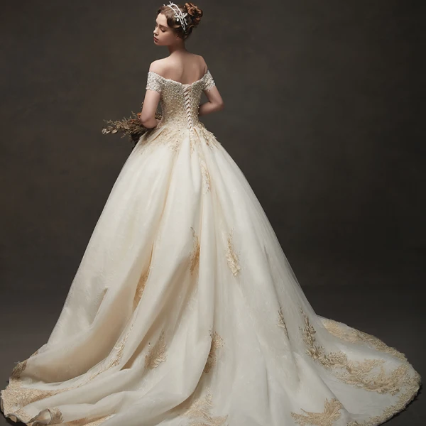 Luxury / Gorgeous Champagne Wedding Dresses 2019 Ball Gown Off-The-Shoulder Short Sleeve Backless Appliques Lace Beading Chapel Train