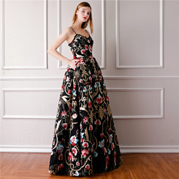 Modern / Fashion Black Prom Dresses 2019 Ball Gown Spaghetti Straps Sleeveless Embroidered Flower Floor-Length / Long Ruffle Backless Formal Dresses
