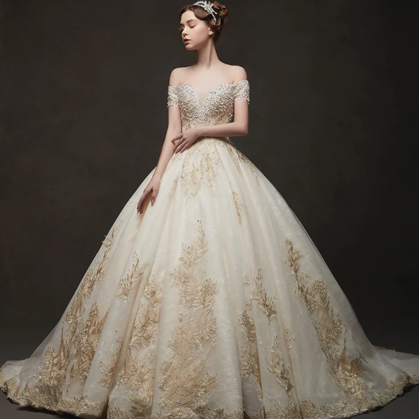 Luxury / Gorgeous Champagne Wedding Dresses 2019 Ball Gown Off-The-Shoulder Short Sleeve Backless Appliques Lace Beading Chapel Train