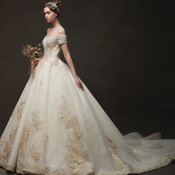 Luxury / Gorgeous Champagne Wedding Dresses 2019 Ball Gown Off-The-Shoulder Short Sleeve Backless Appliques Lace Beading Chapel Train