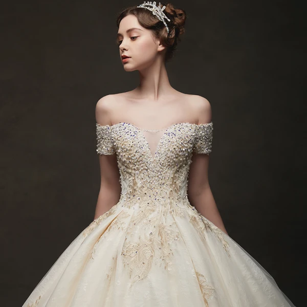 Luxury / Gorgeous Champagne Wedding Dresses 2019 Ball Gown Off-The-Shoulder Short Sleeve Backless Appliques Lace Beading Chapel Train