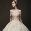 Luxury / Gorgeous Champagne Wedding Dresses 2019 Ball Gown Off-The-Shoulder Short Sleeve Backless Appliques Lace Beading Chapel Train