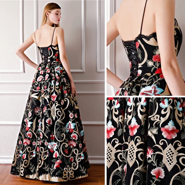 black prom dresses sparkly WEDTREND Women Black Red Flower Long Prom Dress with Slit Sheath One  Shoulder Ruched Print Satin Formal Dress with Side Cape main image 1