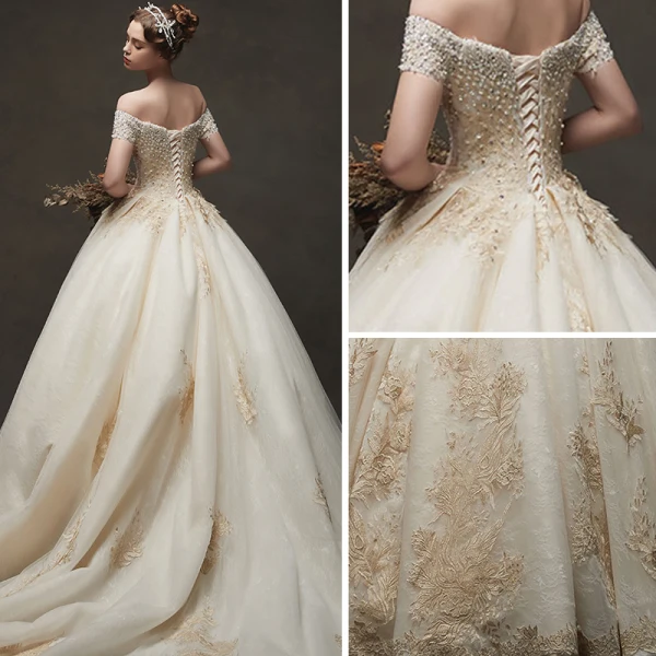 Luxury / Gorgeous Champagne Wedding Dresses 2019 Ball Gown Off-The-Shoulder Short Sleeve Backless Appliques Lace Beading Chapel Train