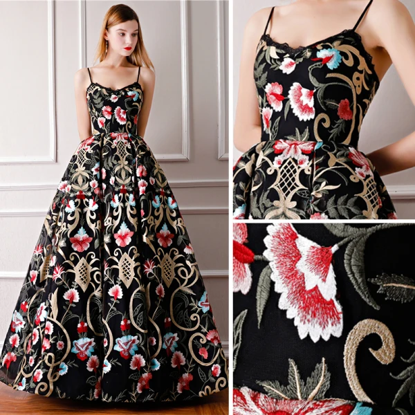Modern / Fashion Black Prom Dresses 2019 Ball Gown Spaghetti Straps Sleeveless Embroidered Flower Floor-Length / Long Ruffle Backless Formal Dresses
