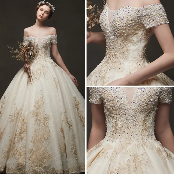 Luxury / Gorgeous Champagne Wedding Dresses 2019 Ball Gown Off-The-Shoulder Short Sleeve Backless Appliques Lace Beading Chapel Train