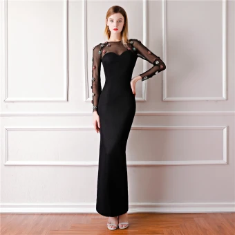 Élégant Noire Transparentes Robe De Soirée 2019 Trompette Sirène Encolure Dégagée Manches Longues Perlage Longueur Cheville Robe De Ceremonie