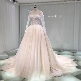 Luxe Champagne Transparentes Fait Main Robe De Mariée 2019 Princesse Col Haut Manches Longues Perlage Glitter Tulle Cathedral Train Volants