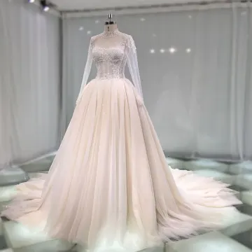 Luxe Champagne Transparentes Fait Main Robe De Mariée 2019 Princesse Col Haut Manches Longues Perlage Glitter Tulle Cathedral Train Volants