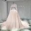 Luxe Champagne Transparentes Fait main Robe De Mariée 2019 Princesse Col Haut Manches Longues Perlage Glitter Tulle Cathedral Train Volants