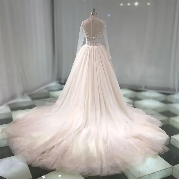 Luxe Champagne Transparentes Fait main Robe De Mariée 2019 Princesse Col Haut Manches Longues Perlage Glitter Tulle Cathedral Train Volants