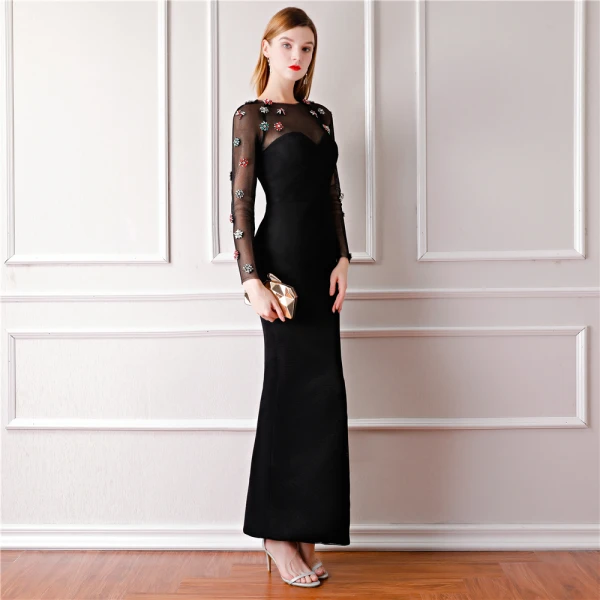 Élégant Noire Transparentes Robe De Soirée 2019 Trompette / Sirène Encolure Dégagée Manches Longues Perlage Longueur Cheville Robe De Ceremonie