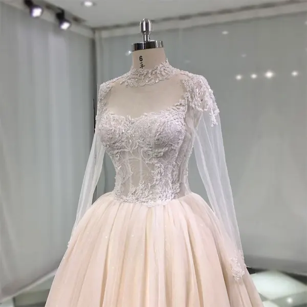 Luxe Champagne Transparentes Fait main Robe De Mariée 2019 Princesse Col Haut Manches Longues Perlage Glitter Tulle Cathedral Train Volants