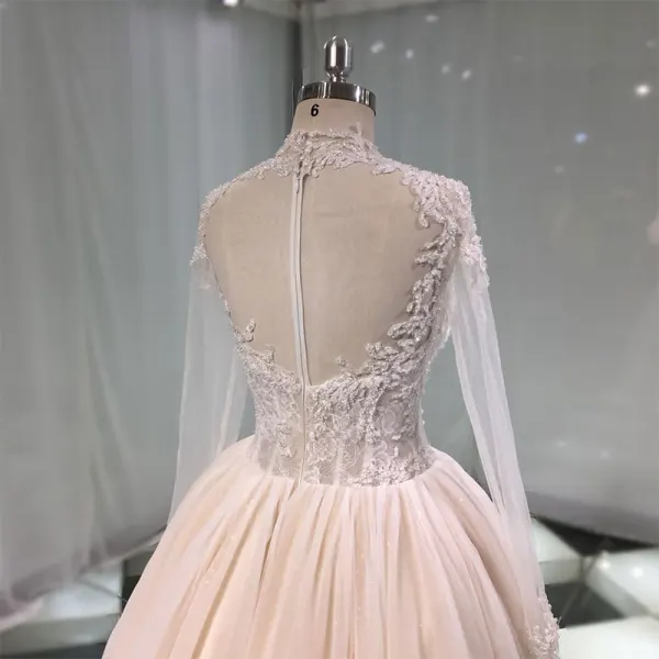 Luxe Champagne Transparentes Fait main Robe De Mariée 2019 Princesse Col Haut Manches Longues Perlage Glitter Tulle Cathedral Train Volants