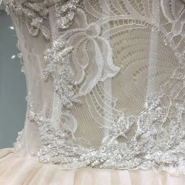 Luxe Champagne Transparentes Fait main Robe De Mariée 2019 Princesse Col Haut Manches Longues Perlage Glitter Tulle Cathedral Train Volants