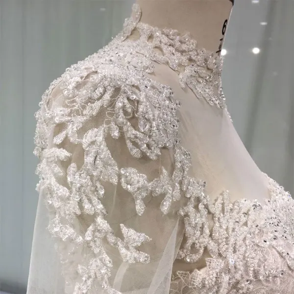 Luxe Champagne Transparentes Fait main Robe De Mariée 2019 Princesse Col Haut Manches Longues Perlage Glitter Tulle Cathedral Train Volants