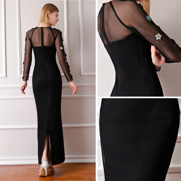 Élégant Noire Transparentes Robe De Soirée 2019 Trompette / Sirène Encolure Dégagée Manches Longues Perlage Longueur Cheville Robe De Ceremonie